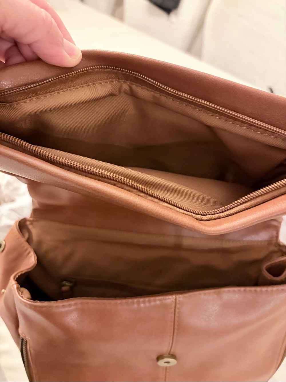Frye & Co. NWT Cognac Foldover Backpack Faux Leather - Picture 7 of 12
